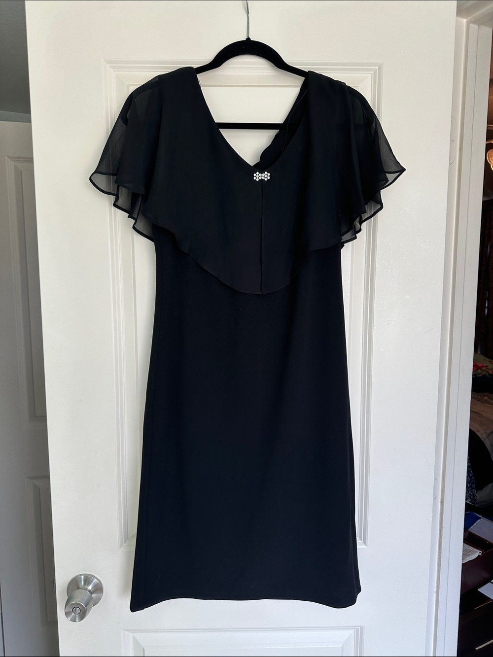 Black Midi Dress with Sheer Ruffled Capelet and Center Brooch